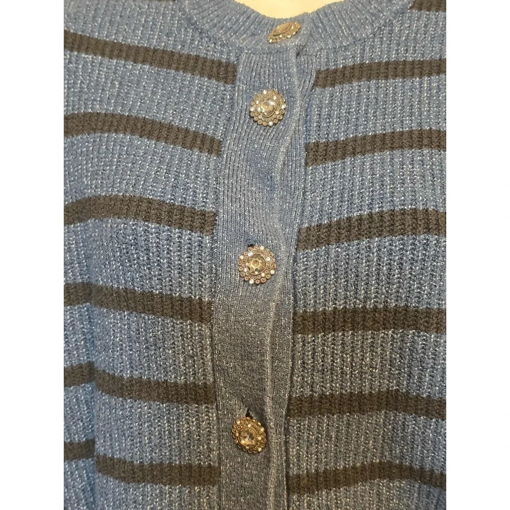 Who What Wear Cardigan‎ Womens Size M Blue Black Striped Buttons Detail Sweater